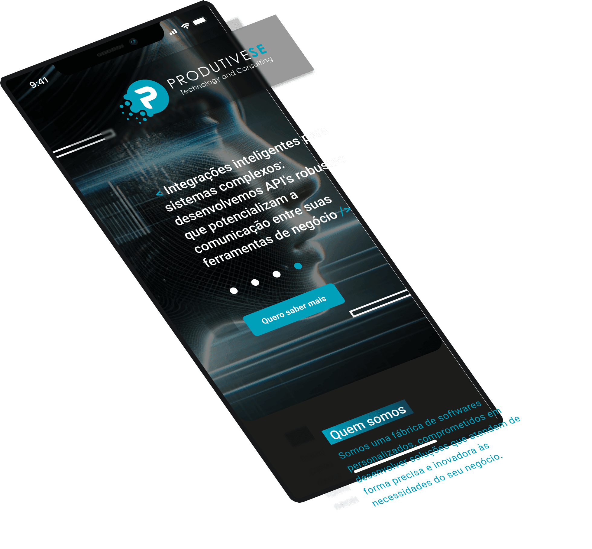 Imagem de um smartphone moderno com a tela exibindo o site da Produtivise, destacando-se a integração inteligente para sistemas complexos. Na parte superior, há um menu com a logo da empresa e o texto promocional em destaque, seguido por um botão que convida o usuário a saber mais. Abaixo, uma seção 'Quem somos' com uma breve descrição dos serviços oferecidos pela empresa. A apresentação é profissional, com um design escuro e detalhes em azul.