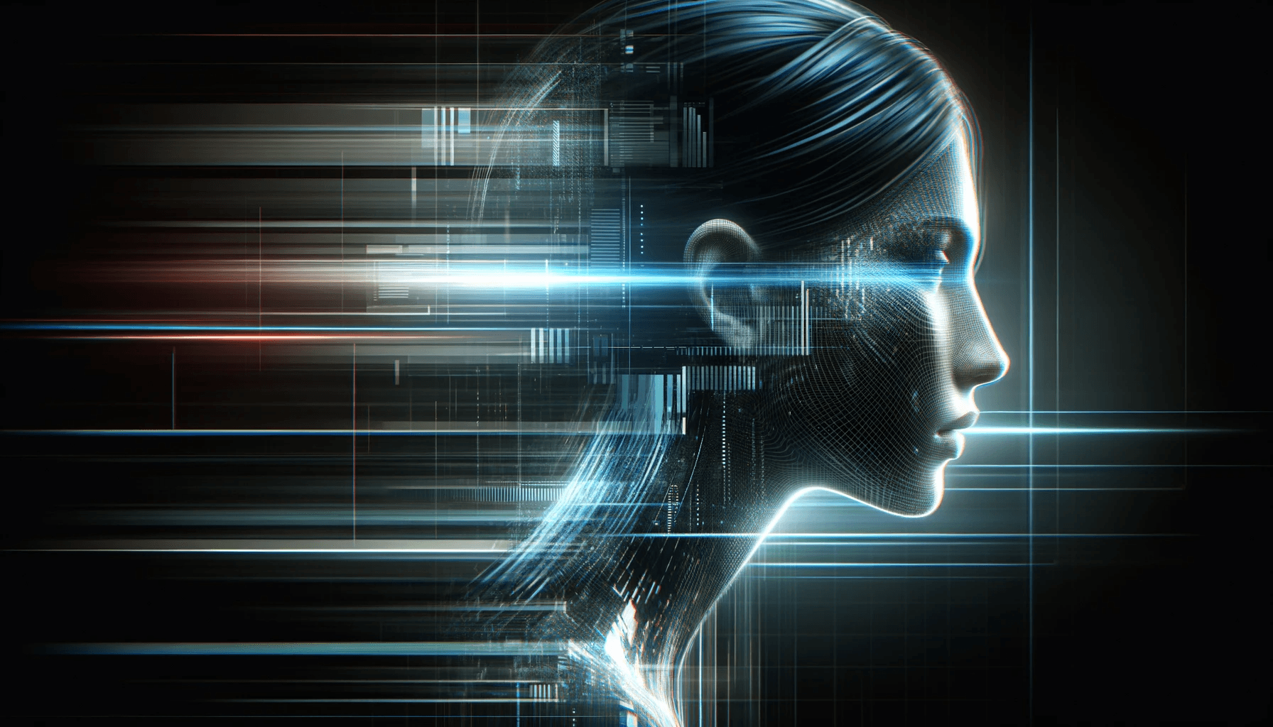 Imagem digital conceitual representando a fusão do humano com a tecnologia. O perfil de uma cabeça feminina é visto de lado, composto por uma malha de pontos e linhas digitais. Luzes e linhas de dados brilhantes fluem do rosto, simbolizando a velocidade e a integração da tecnologia digital com a inteligência humana.